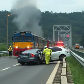 Carro é atingido por trem após cair entre viadutos em Taubaté